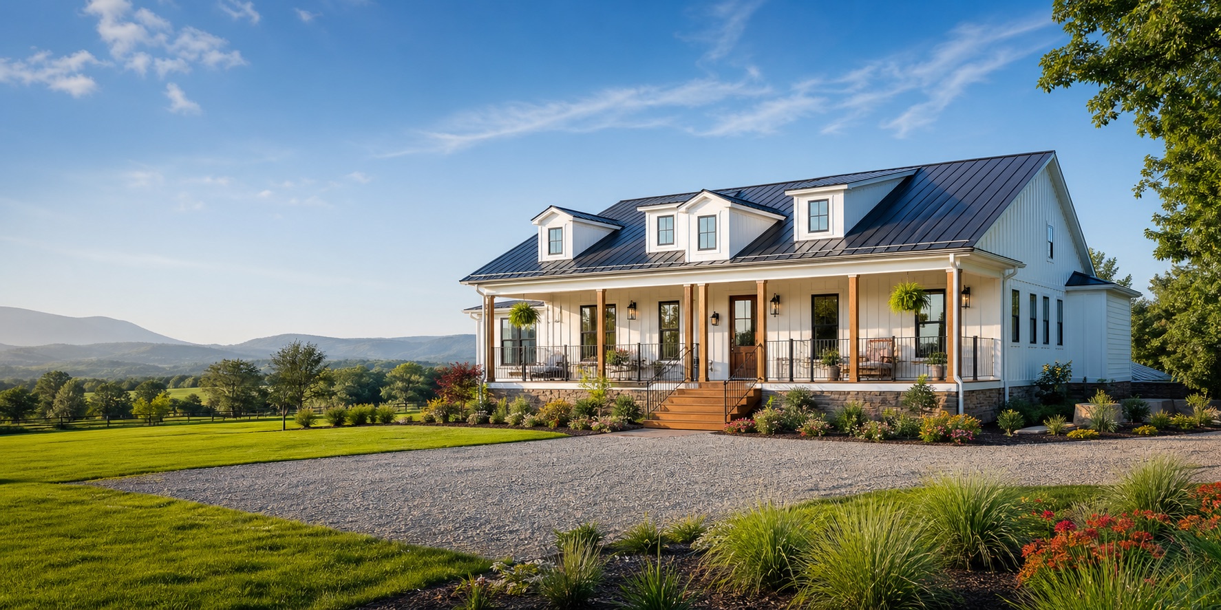 A finished modular farmhouse with colorful landscaping in Virginia